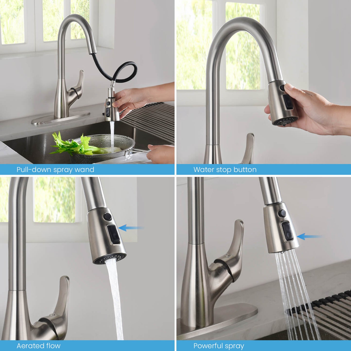 Kibi Single Handle Pull Down Kitchen Faucet In Brushed Nickel Finish