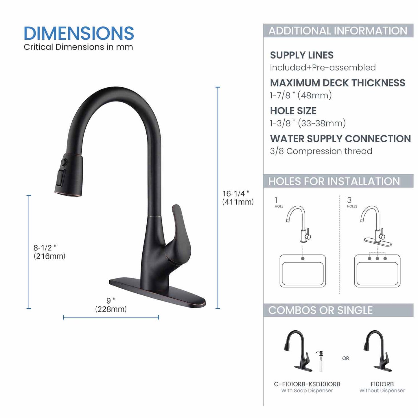 Kibi Single Handle Pull Down Kitchen Faucet In Oil Rubbed Bronze Finish