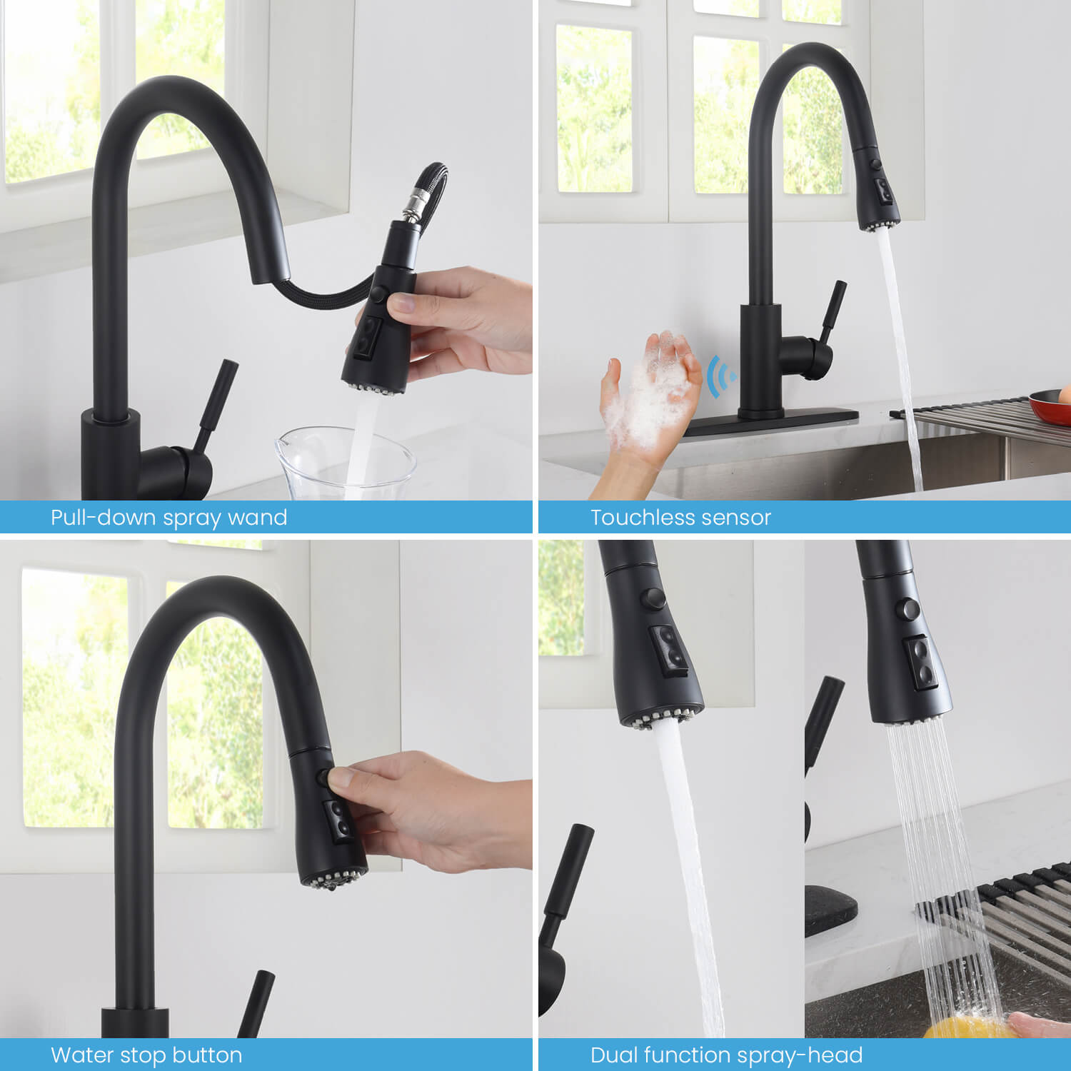 Kibi Single Handle Pull Down Kitchen Faucet With Touch Sensor In Matte Black Finish