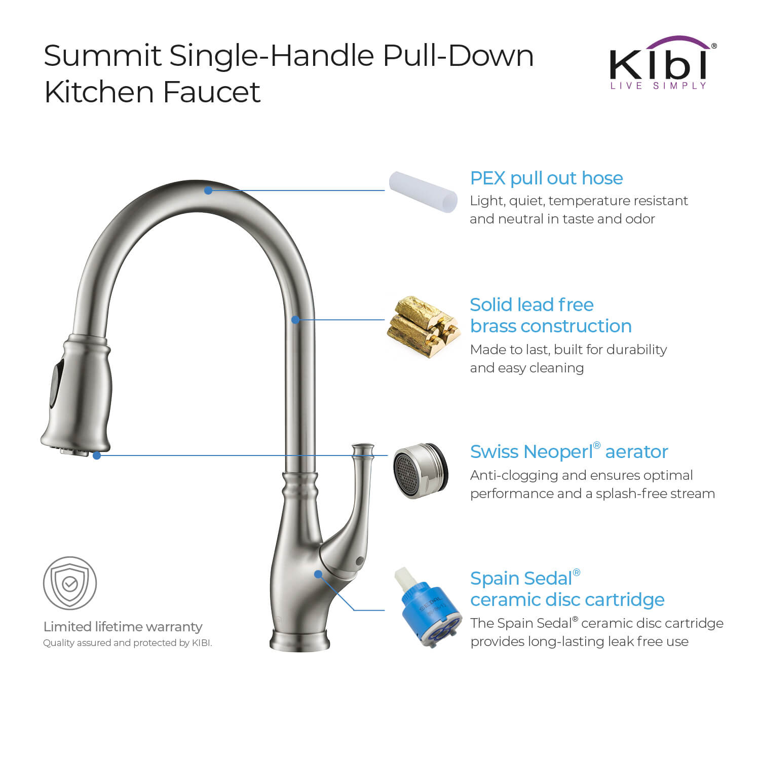 Kibi Summit Single Handle High Arc Pull Down Kitchen Faucet With Soap Dispenser in Brushed Nickel Finish