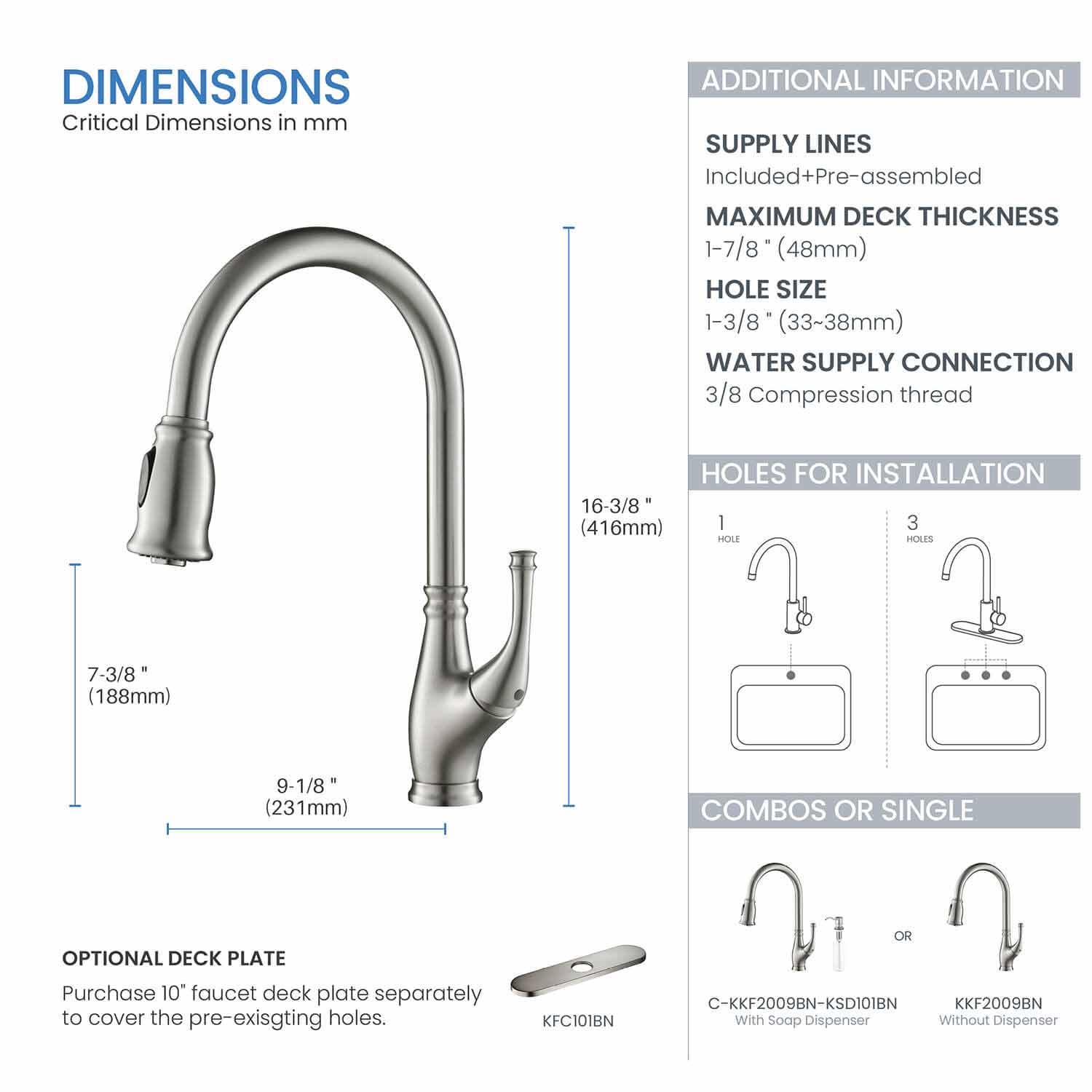 Kibi Summit Single Handle High Arc Pull Down Kitchen Faucet With Soap Dispenser in Brushed Nickel Finish