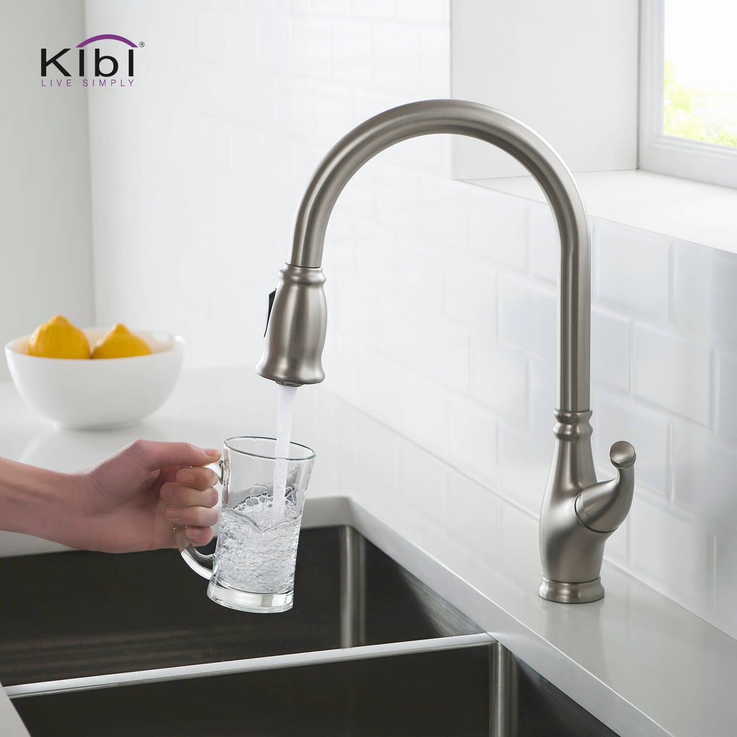 Kibi Summit Single Handle High Arc Pull Down Kitchen Faucet With Soap Dispenser in Brushed Nickel Finish