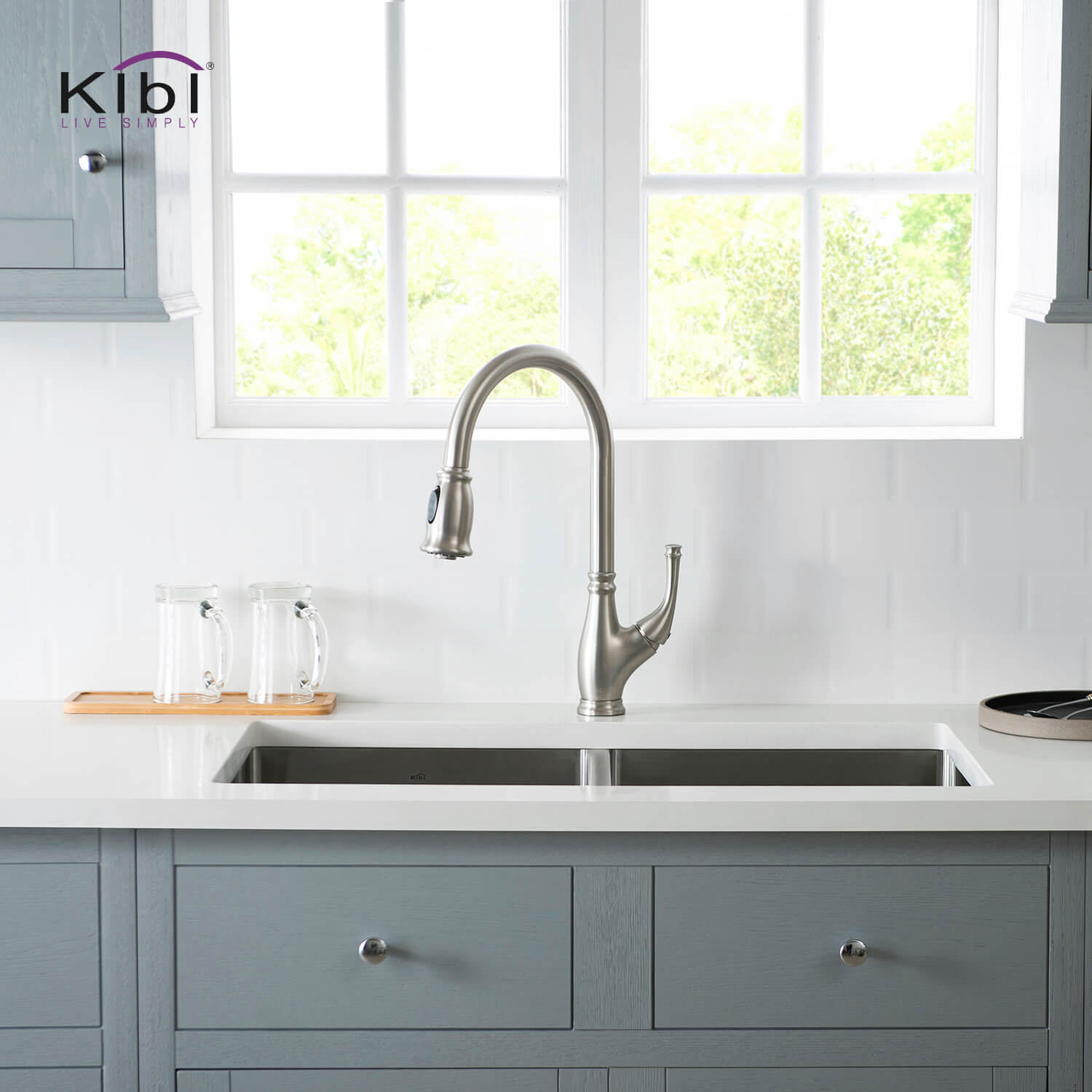 Kibi Summit Single Handle High Arc Pull Down Kitchen Faucet With Soap Dispenser in Brushed Nickel Finish