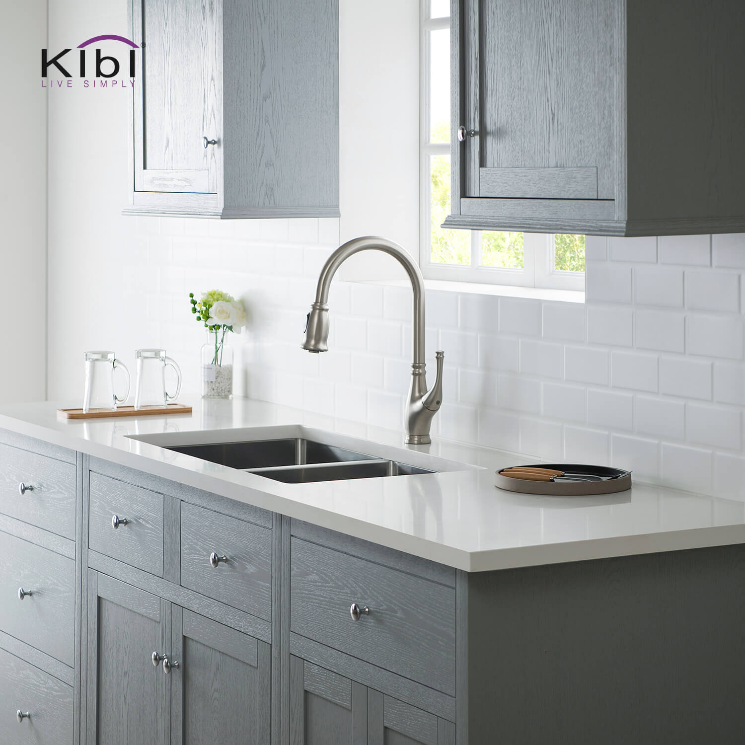 Kibi Summit Single Handle High Arc Pull Down Kitchen Faucet With Soap Dispenser in Brushed Nickel Finish