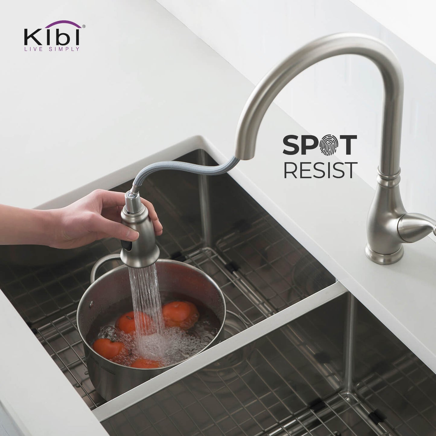Kibi Summit Single Handle High Arc Pull Down Kitchen Faucet With Soap Dispenser in Brushed Nickel Finish