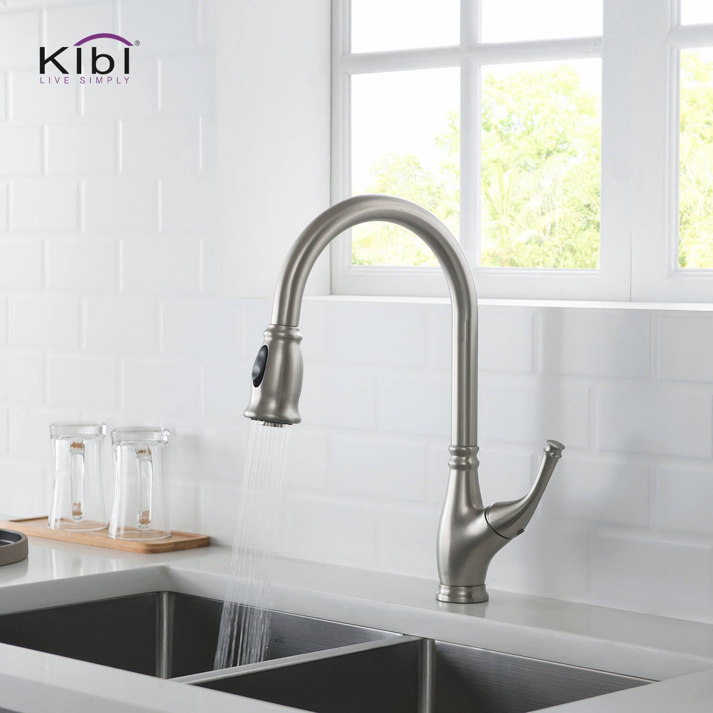 Kibi Summit Single Handle High Arc Pull Down Kitchen Faucet With Soap Dispenser in Brushed Nickel Finish