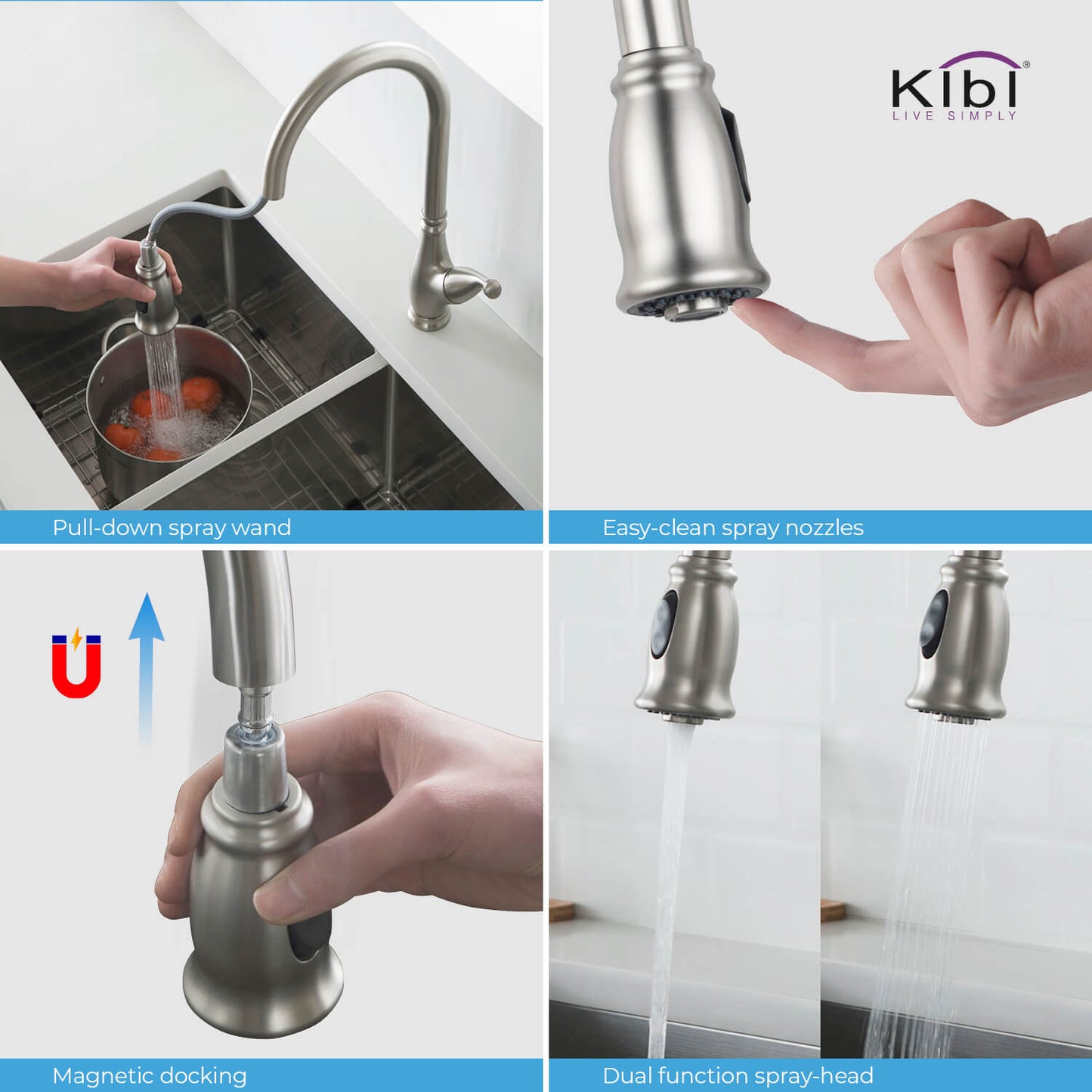 Kibi Summit Single Handle High Arc Pull Down Kitchen Faucet With Soap Dispenser in Brushed Nickel Finish