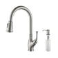 Kibi Summit Single Handle High Arc Pull Down Kitchen Faucet With Soap Dispenser in Brushed Nickel Finish