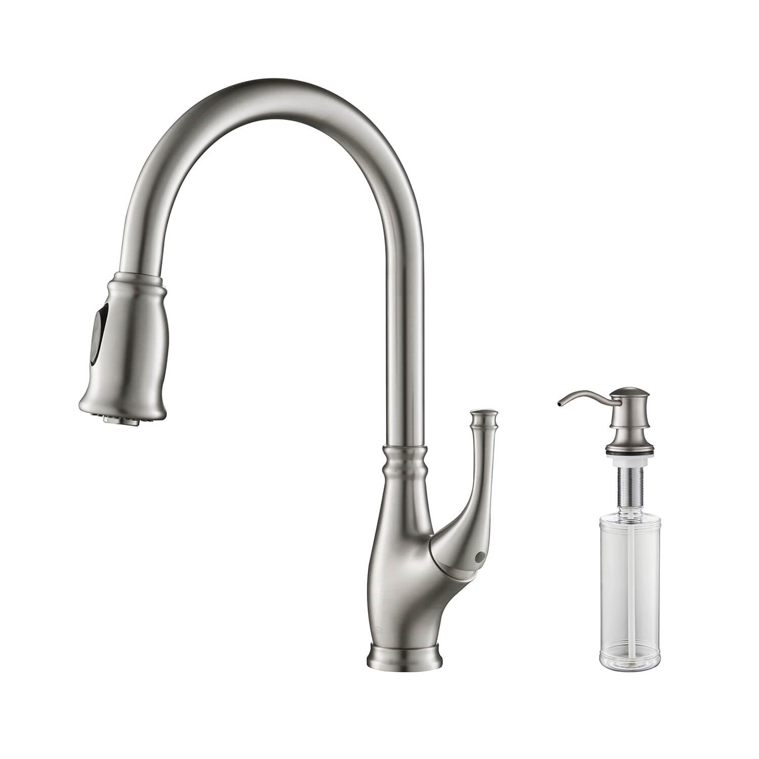 Kibi Summit Single Handle High Arc Pull Down Kitchen Faucet With Soap Dispenser in Brushed Nickel Finish