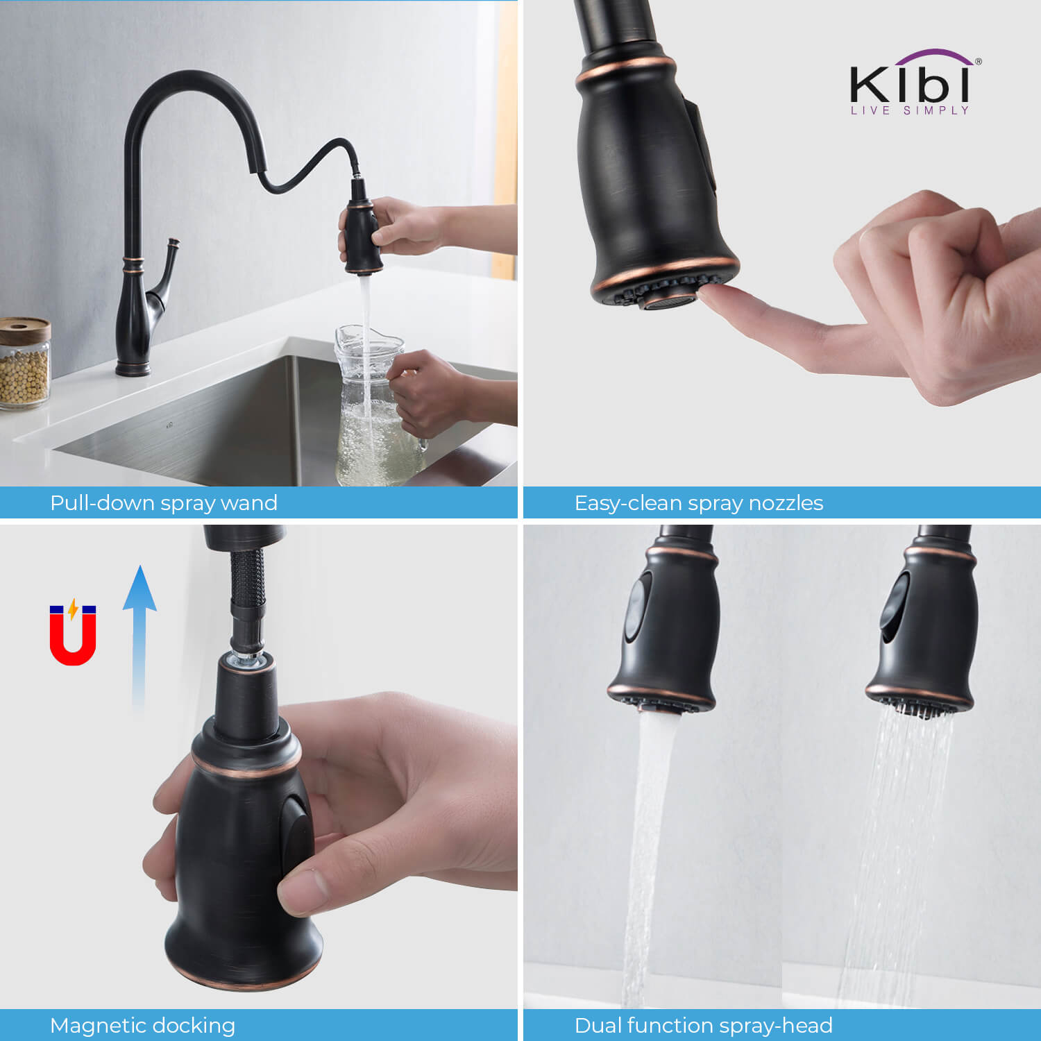 Kibi Summit Single Handle High Arc Pull Down Kitchen Faucet With Soap Dispenser in Oil Rubbed Bronze Finish