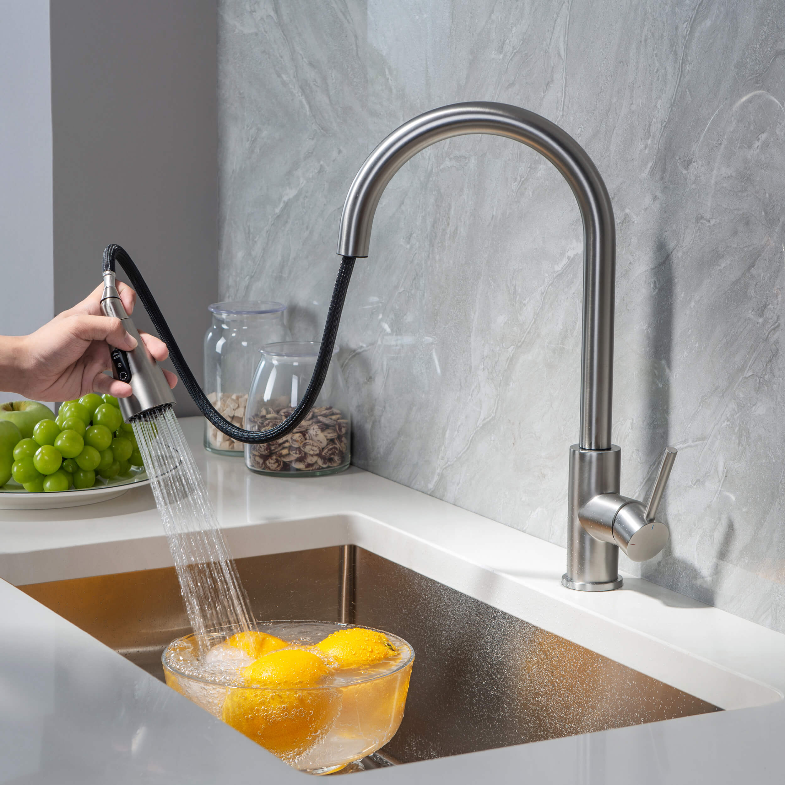 Kibi Value Single Handle Pull Down Kitchen Faucet In Brushed Nickel Fi ...