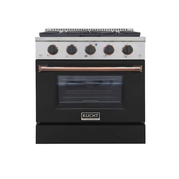 Kucht KDF Series 30" Black Custom Freestanding Natural Gas Dual Fuel Range With 4 Burners, Black Knobs and Rose Gold Handle