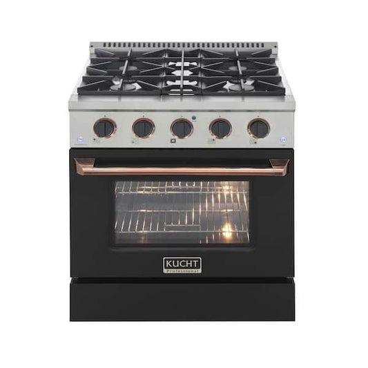 Kucht KDF Series 30" Black Custom Freestanding Natural Gas Dual Fuel Range With 4 Burners, Black Knobs and Rose Gold Handle