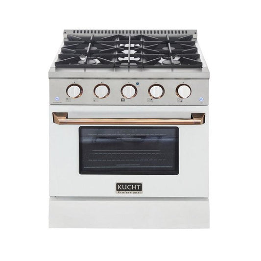Kucht KDF Series 30" White Custom Freestanding Natural Gas Dual Fuel Range With 4 Burners, White Knobs and Gold Handle