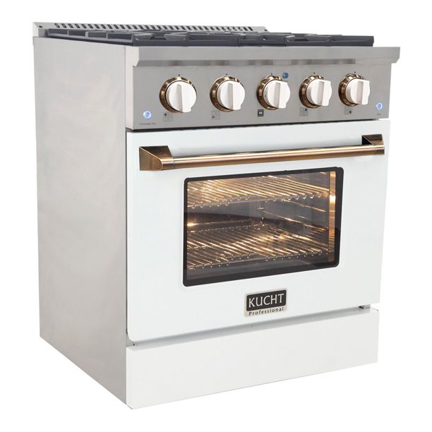 Kucht KDF Series 30" White Custom Freestanding Propane Gas Dual Fuel Range With 4 Burners, White Knobs and Gold Handle