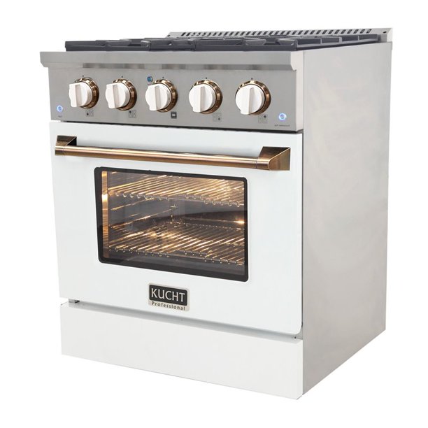 Kucht KDF Series 30" White Custom Freestanding Propane Gas Dual Fuel Range With 4 Burners, White Knobs and Gold Handle