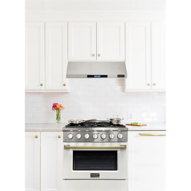 Kucht KDF Series 30" White Custom Freestanding Propane Gas Dual Fuel Range With 4 Burners, White Knobs and Gold Handle