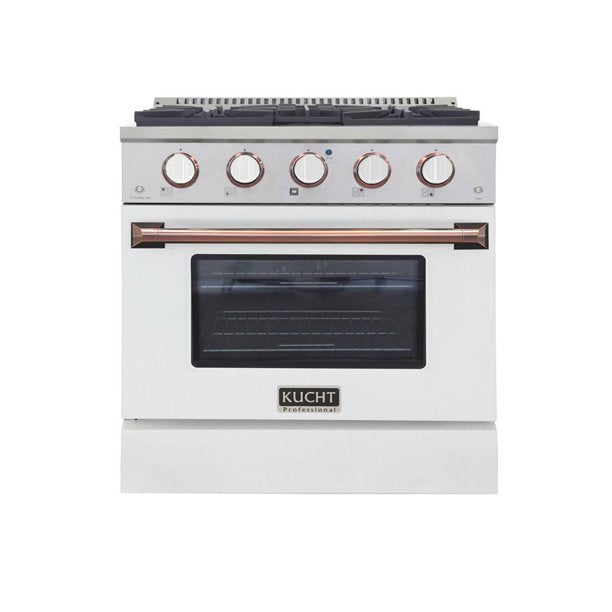Kucht KDF Series 30" White Custom Freestanding Propane Gas Dual Fuel Range With 4 Burners, White Knobs and Rose Gold Handle