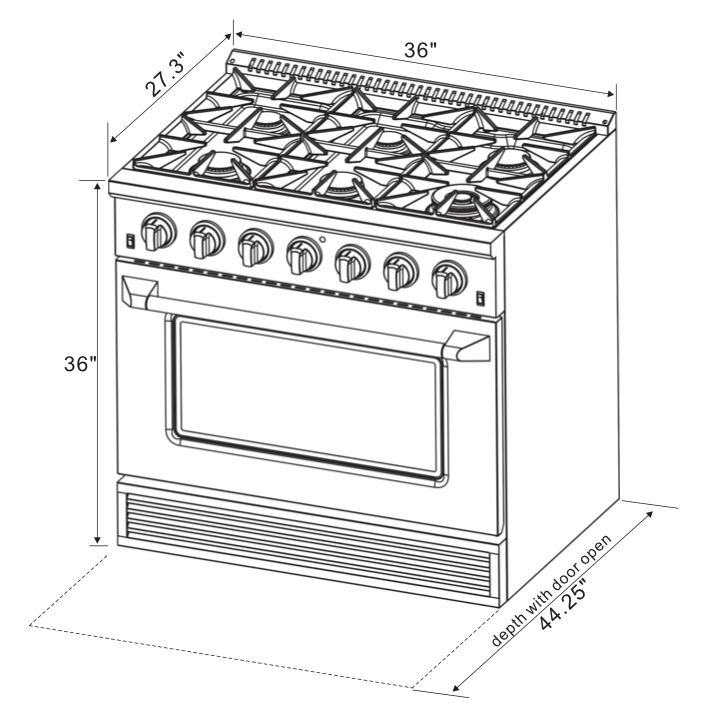 Kucht KDF Series 36" Black Custom Freestanding Natural Gas Dual Fuel Range With 6 Burners, Black Knobs and Gold Handle