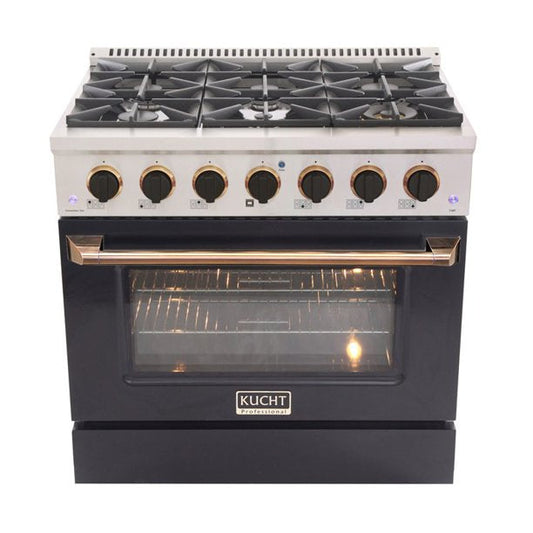 Kucht KDF Series 36" Black Custom Freestanding Natural Gas Dual Fuel Range With 6 Burners, Black Knobs and Gold Handle