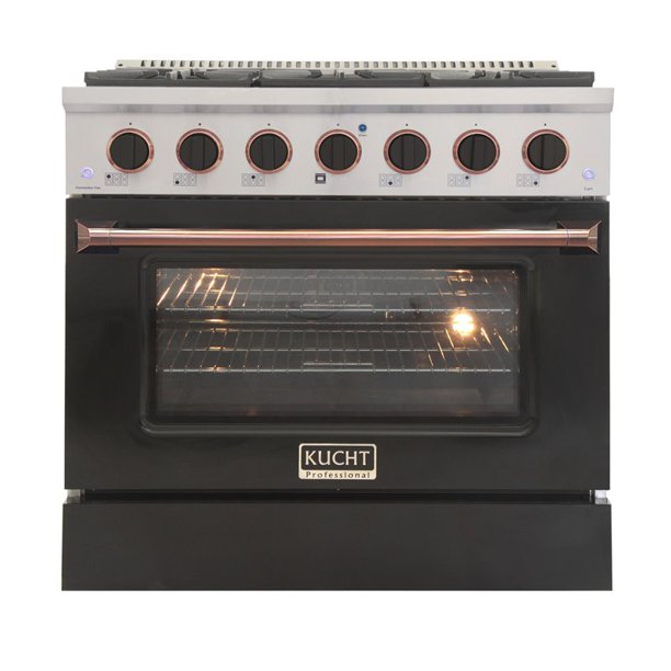 Kucht KDF Series 36" Black Custom Freestanding Natural Gas Dual Fuel Range With 6 Burners, Black Knobs and Rose Gold Handle