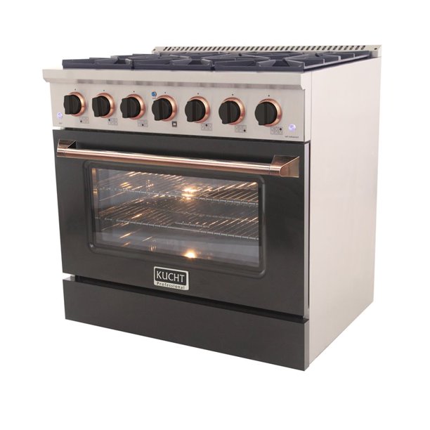 Kucht KDF Series 36" Black Custom Freestanding Natural Gas Dual Fuel Range With 6 Burners, Black Knobs and Rose Gold Handle