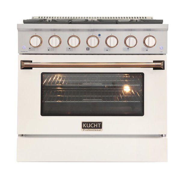 Kucht KDF Series 36" White Custom Freestanding Natural Gas Dual Fuel Range With 6 Burners, White Knobs and Gold Handle