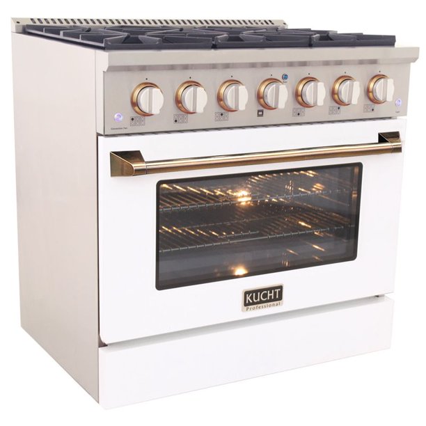 Kucht KDF Series 36" White Custom Freestanding Natural Gas Dual Fuel Range With 6 Burners, White Knobs and Gold Handle