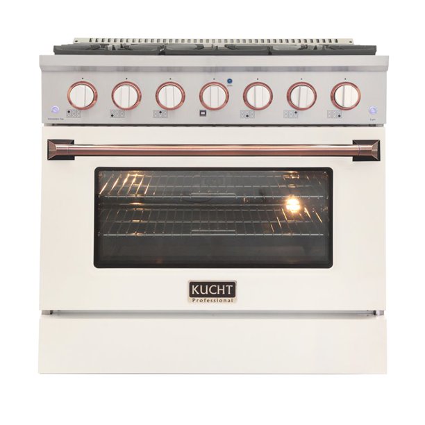 Kucht KDF Series 36" White Custom Freestanding Natural Gas Dual Fuel Range With 6 Burners, White Knobs and Rose Gold Handle