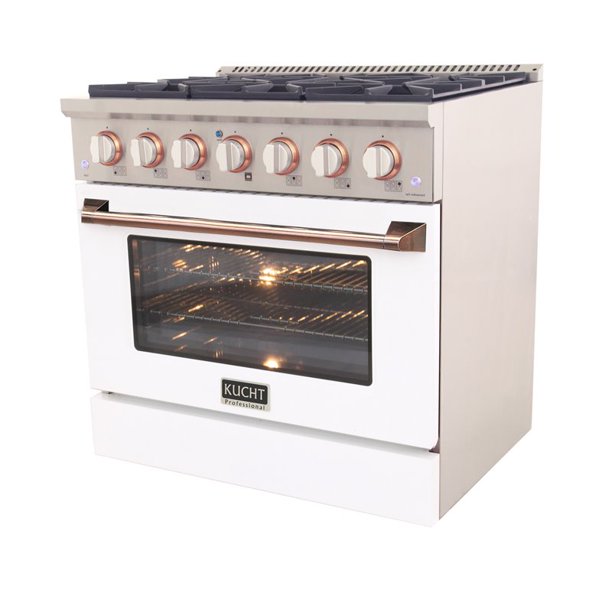 Kucht KDF Series 36" White Custom Freestanding Natural Gas Dual Fuel Range With 6 Burners, White Knobs and Rose Gold Handle