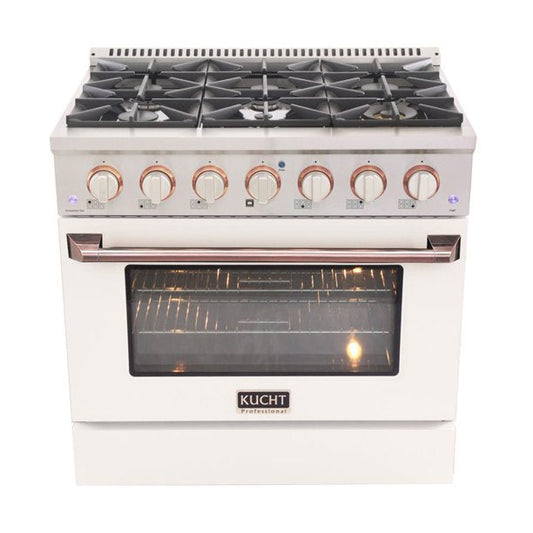 Kucht KDF Series 36" White Custom Freestanding Natural Gas Dual Fuel Range With 6 Burners, White Knobs and Rose Gold Handle
