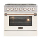Kucht KDF Series 36" White Custom Freestanding Propane Gas Dual Fuel Range With 6 Burners, White Knobs and Gold Handle