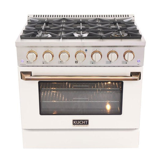 Kucht KDF Series 36" White Custom Freestanding Propane Gas Dual Fuel Range With 6 Burners, White Knobs and Gold Handle