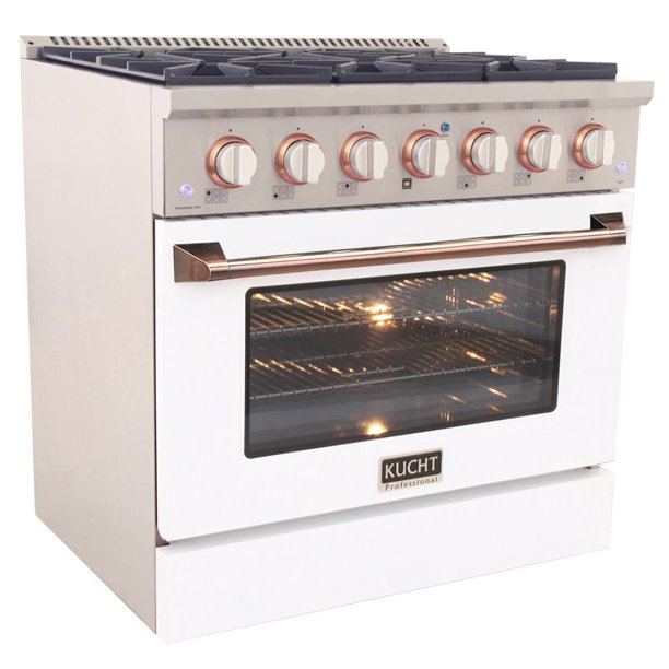 Kucht KDF Series 36" White Custom Freestanding Propane Gas Dual Fuel Range With 6 Burners, White Knobs and Rose Gold Handle