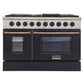Kucht KDF Series 48" Black Custom Freestanding Natural Gas Dual Fuel Range With 8 Burners, Black Knobs and Gold Handle