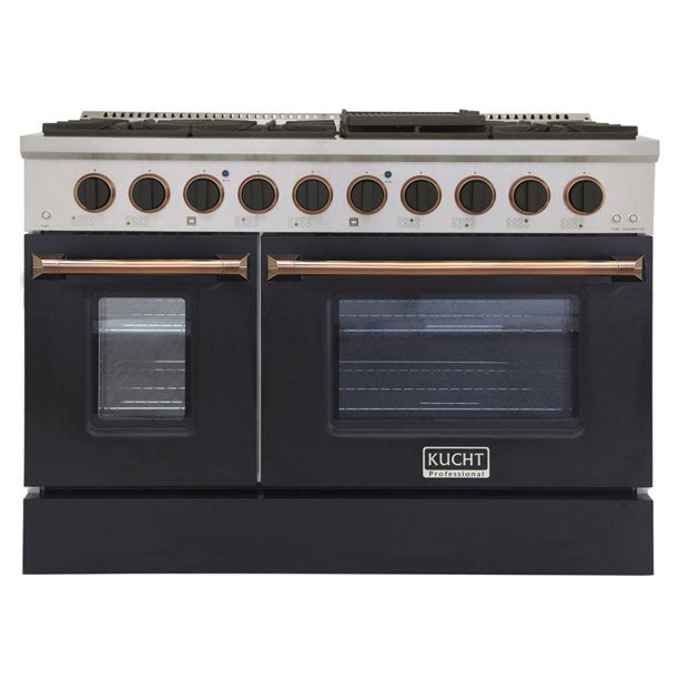 Kucht KDF Series 48" Black Custom Freestanding Natural Gas Dual Fuel Range With 8 Burners, Black Knobs and Gold Handle