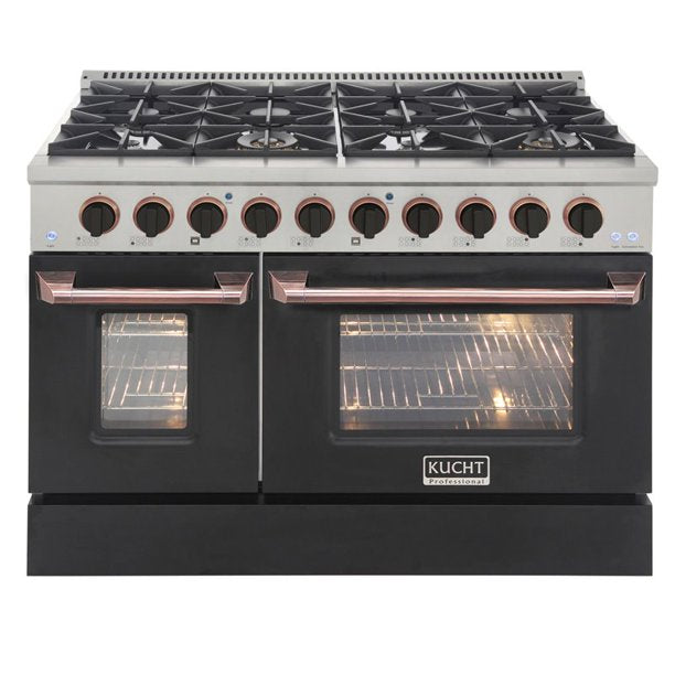 Kucht KDF Series 48" Black Custom Freestanding Natural Gas Dual Fuel Range With 8 Burners, Black Knobs and Rose Gold Handle