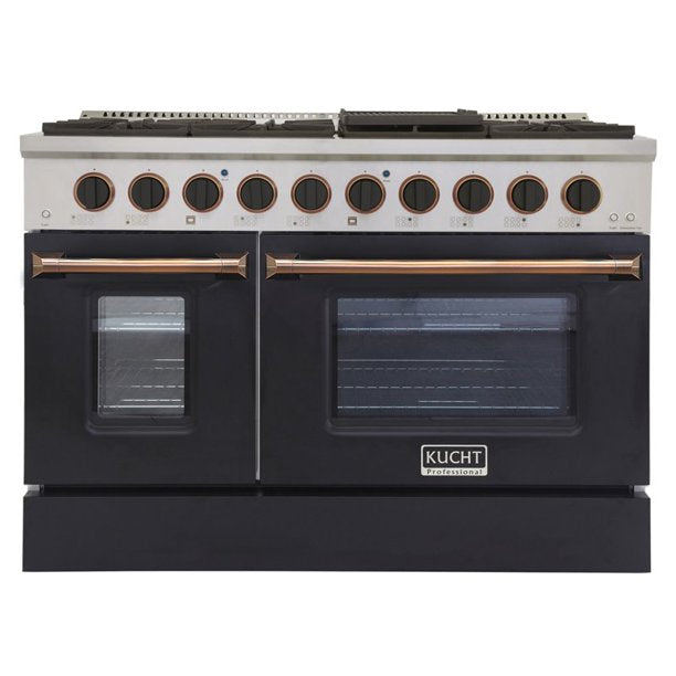 Kucht KDF Series 48" Black Custom Freestanding Propane Gas Dual Fuel Range With 8 Burners, Black Knobs and Gold Handle