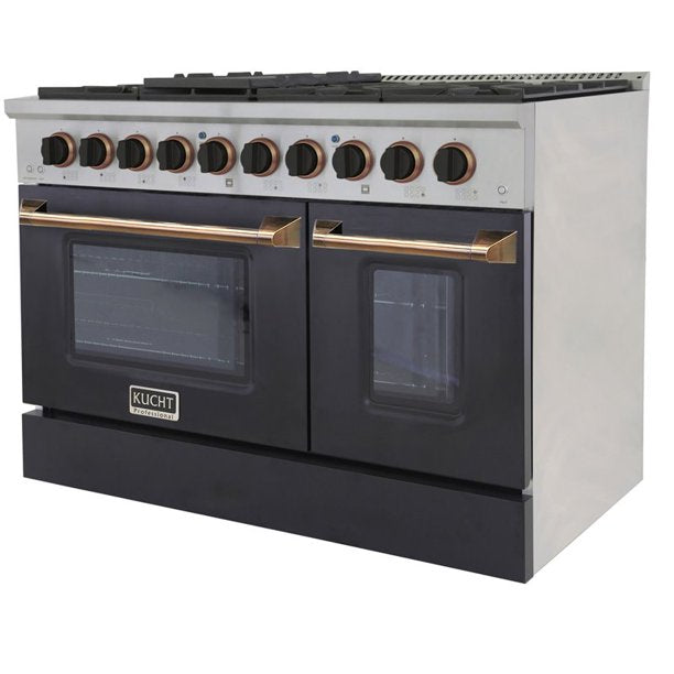 Kucht KDF Series 48" Black Custom Freestanding Propane Gas Dual Fuel Range With 8 Burners, Black Knobs and Gold Handle