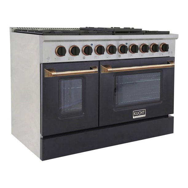 Kucht KDF Series 48" Black Custom Freestanding Propane Gas Dual Fuel Range With 8 Burners, Black Knobs and Gold Handle