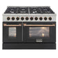 Kucht KDF Series 48" Black Custom Freestanding Propane Gas Dual Fuel Range With 8 Burners, Black Knobs and Gold Handle