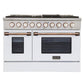 Kucht KDF Series 48" White Custom Freestanding Natural Gas Dual Fuel Range With 8 Burners, White Knobs and Gold Handle