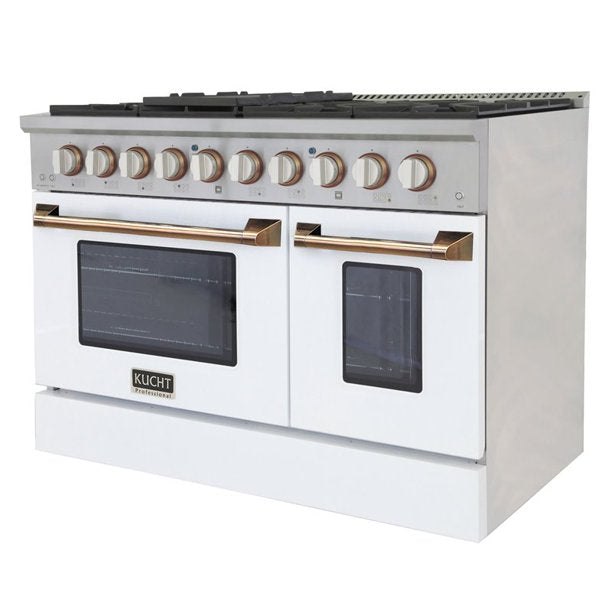 Kucht KDF Series 48" White Custom Freestanding Natural Gas Dual Fuel Range With 8 Burners, White Knobs and Gold Handle