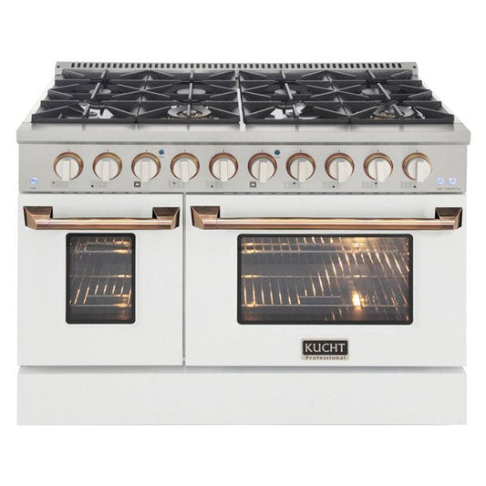 Kucht KDF Series 48" White Custom Freestanding Natural Gas Dual Fuel Range With 8 Burners, White Knobs and Gold Handle