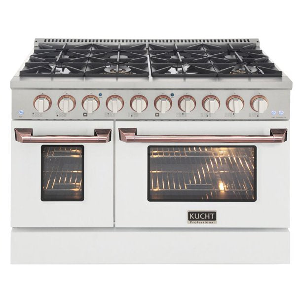 Kucht KDF Series 48" White Custom Freestanding Natural Gas Dual Fuel Range With 8 Burners, White Knobs and Rose Gold Handle