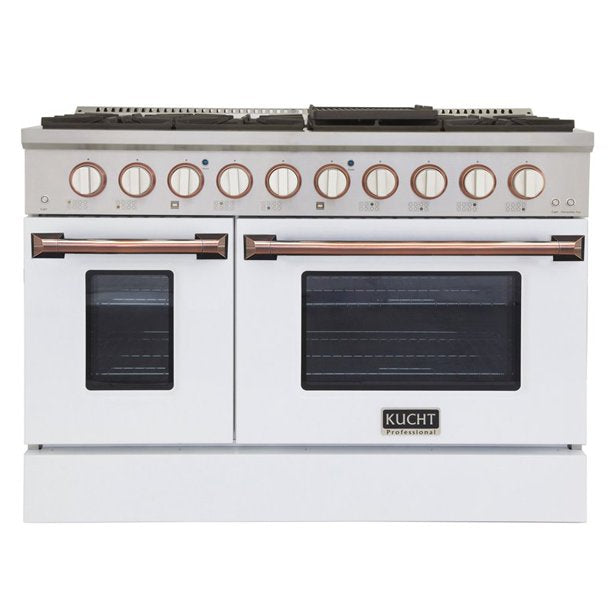 Kucht KDF Series 48" White Custom Freestanding Propane Gas Dual Fuel Range With 8 Burners, White Knobs and Rose Gold Handle