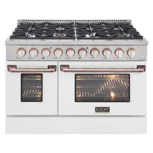 Kucht KDF Series 48" White Custom Freestanding Propane Gas Dual Fuel Range With 8 Burners, White Knobs and Rose Gold Handle
