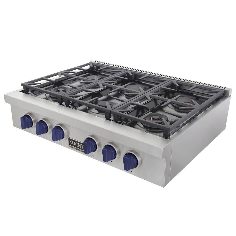 Kucht KFX Series 36" Natural Gas Range-Top With 6 Burners and Royal Blue Knobs
