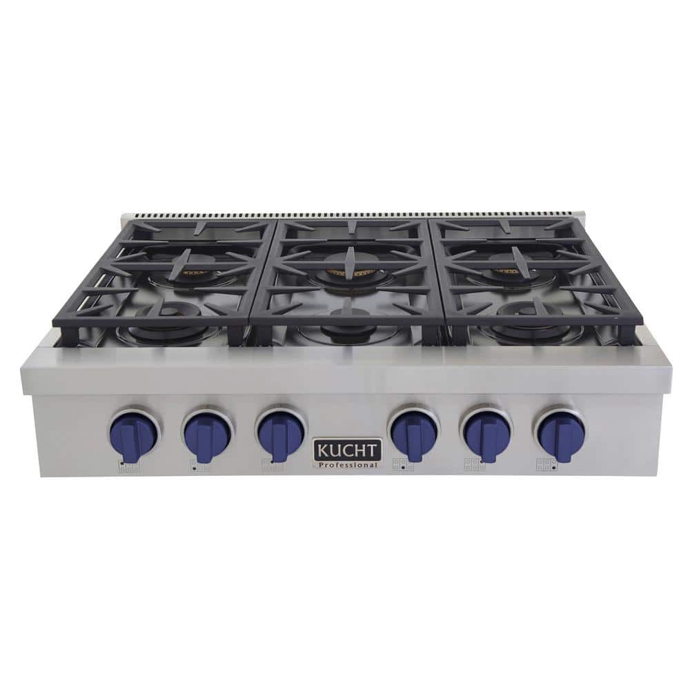 Kucht KFX Series 36" Natural Gas Range-Top With 6 Burners and Royal Blue Knobs