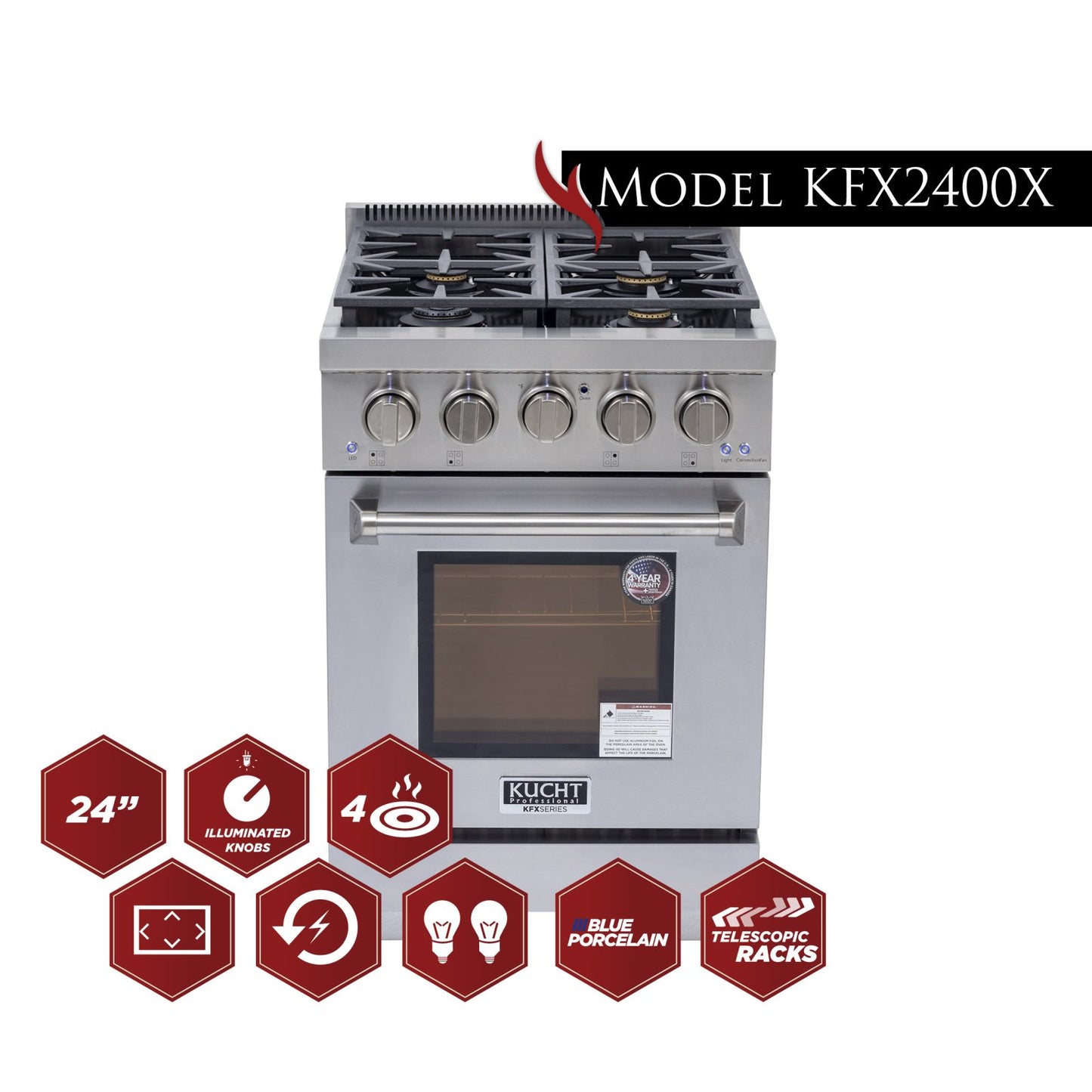 Kucht KFX2400X 24" 4-Burner Stainless Steel Natural Gas Range With 2.5 Cu.Ft. Manual Control Oven